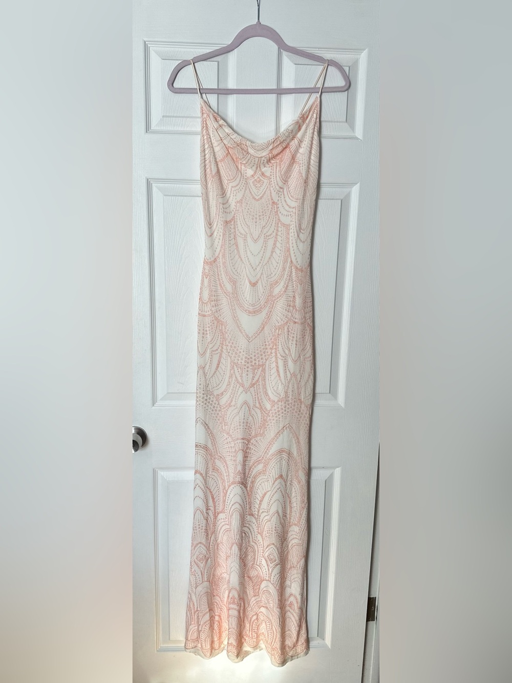 Jump Apparel Art Deco Glitter Maxi Gown Ivory Rose Gold Cowl Neck Juniors 3/4